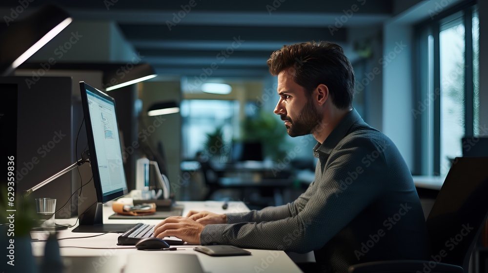 Man working on an office, side view. Generative ai Man working on an office, side view. Generative ai