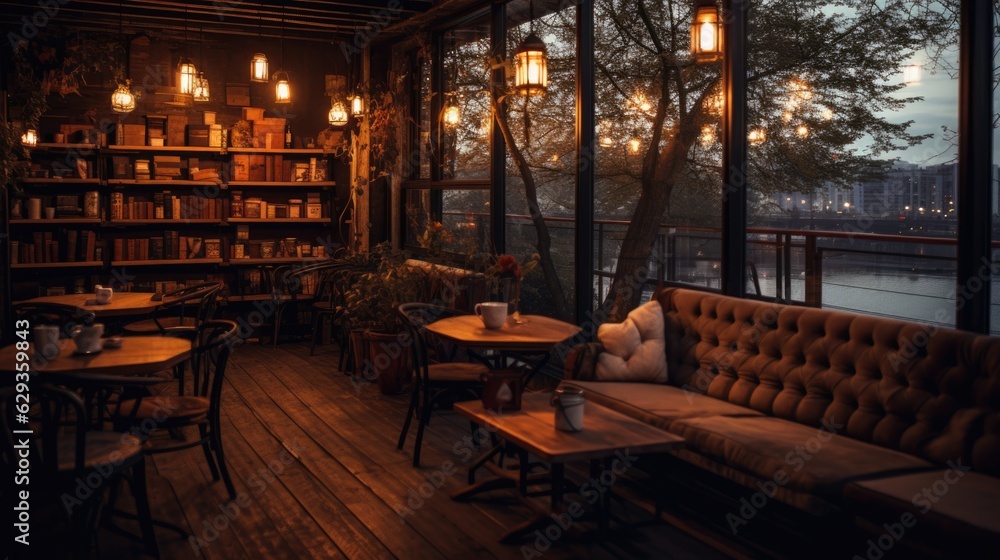 Naklejka premium quiet coffee shop at dusk generative ai
