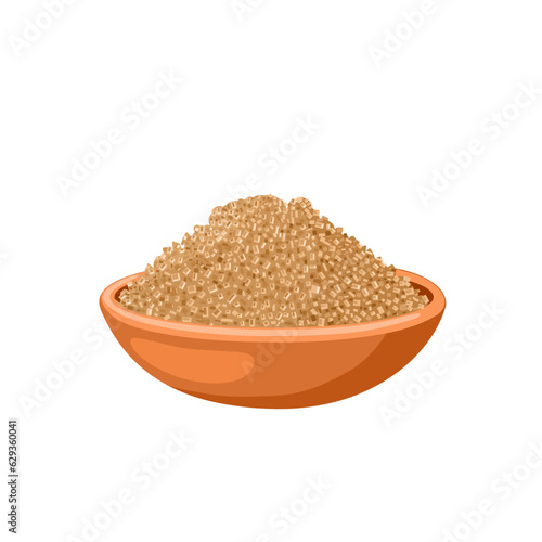 Vector illustration, brown sugar in a wooden bowl, isolated on white background.
