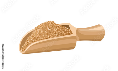 Vector illustration, brown sugar in a wooden shovel, isolated on white background.