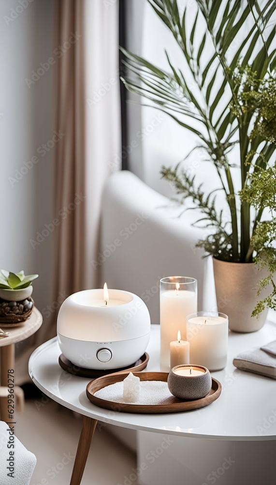 Serenity in White: Relaxing Oasis with Aroma Diffuser and Candle Tray