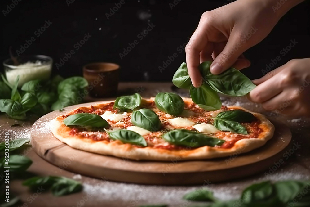 Human hands decorating pizza with basil leaves. Generative AI