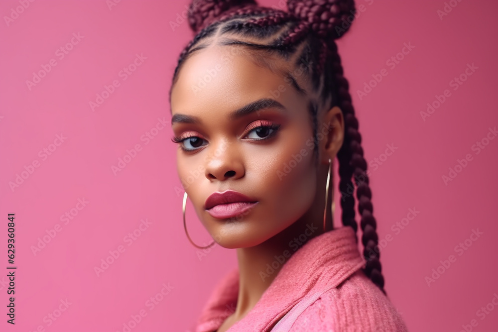 Pretty young afro-american woman with pink braids on the pink studio background. Generative AI Pretty young afro-american woman with pink braids on the pink studio background. Generative AI