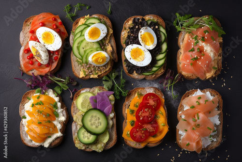 Set of open sandwiches with different ingredients, top view. Generative AI