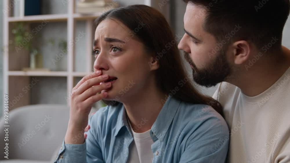 Caucasian man husband apologize trying to calm woman wife after conflict guilty boyfriend ask for forgiveness apologies say sorry to annoyed crying offended girlfriend couple quarrel misunderstanding