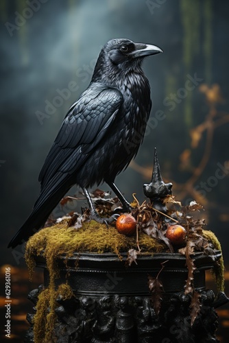 A raven standing on an old moss covered urn in the autumn. Generative AI. 
