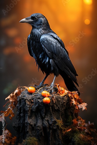 A raven standing on an old moss covered urn in the autumn. Generative AI. 