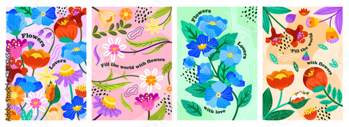 Posters with spring flowers set. Beautiful abstract banners with flowering plants and foliage, leaves and buds. Blooming design for holiday cards and brochures. Cartoon flat vector illustrations