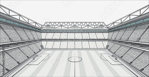 Sketch with football field. Coloring book with outdoor sports stadium with spotlights and fan stands, gates and lawn. Black and white zentangle engraving soccer. Hand drawn flat vector illustration