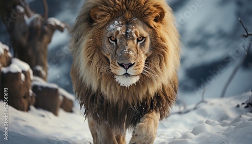 Lion walking in the snow