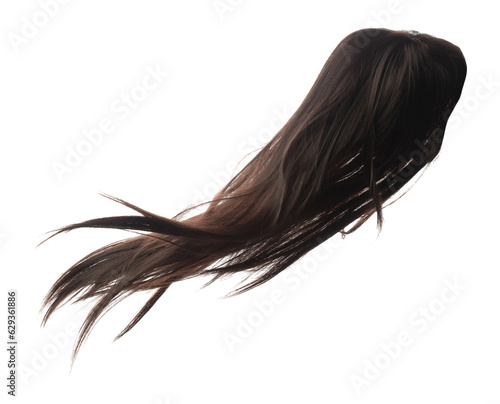 Long straight Wig hair style fly fall explosion. Brown woman wig hair float in mid air. Straight brown wig hair wind blow cloud throw. White background isolated high speed freeze motion photo