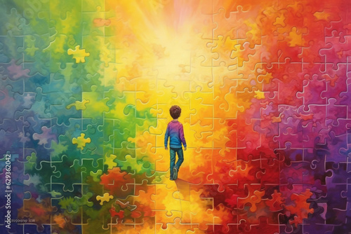 A child in rainbow coloured imaginary world. Child mental health concept. ASD, autism spectrum disorder awareness concept. Asperger's syndrome, early intervention.