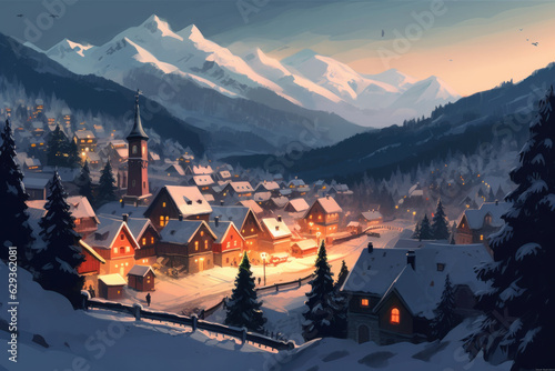Traditional little Christmas village surrounded with snow covered mountains. Snowy fir trees and festive illumination in small houses. Celebrating Christmas. © MNStudio