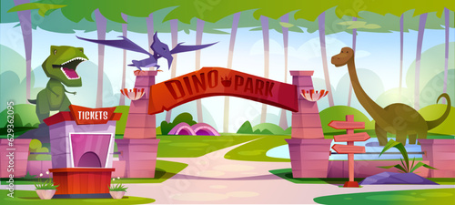 Dinosaur park banner. Horizontal poster with zoo outdoor with tyrannosaurus, pterodactyl and diplodocus. Dino garden with redators and herbivores of jurassic era. Cartoon flat vector illustration