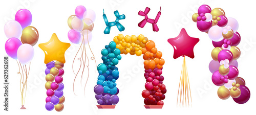 Festive colorful balloons set. Helium balls for holiday and party event, wedding ceremonies and store opening. Izometric 3d realistic rainbow decoration. Cartoon vector isolated on white background