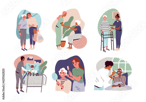 Caring for elderly set. Nurses, doctor and caregivers in nursing home take care of old men and women. Volunteers help aged people at home and hospital. Cartoon flatvector isolated on white background
