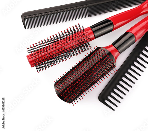 Set of hair brushes and combs isolated on white  top view