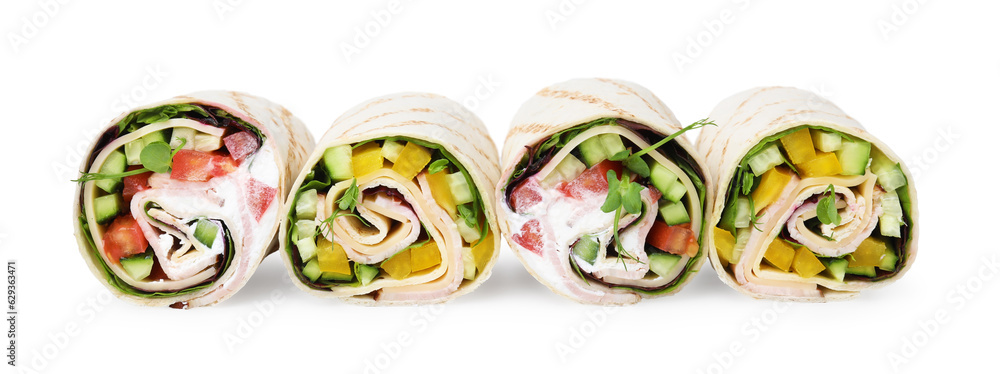 Delicious sandwich wraps with fresh vegetables isolated on white - obrazy, fototapety, plakaty 