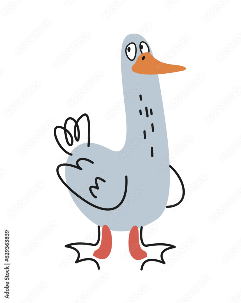Fototapeta premium Cute friendly animal. White smiling goose in doodle hand drawn style for wallpaper design. Funny outline character bird with wings. Cartoon flat vector illustration isolated on white background