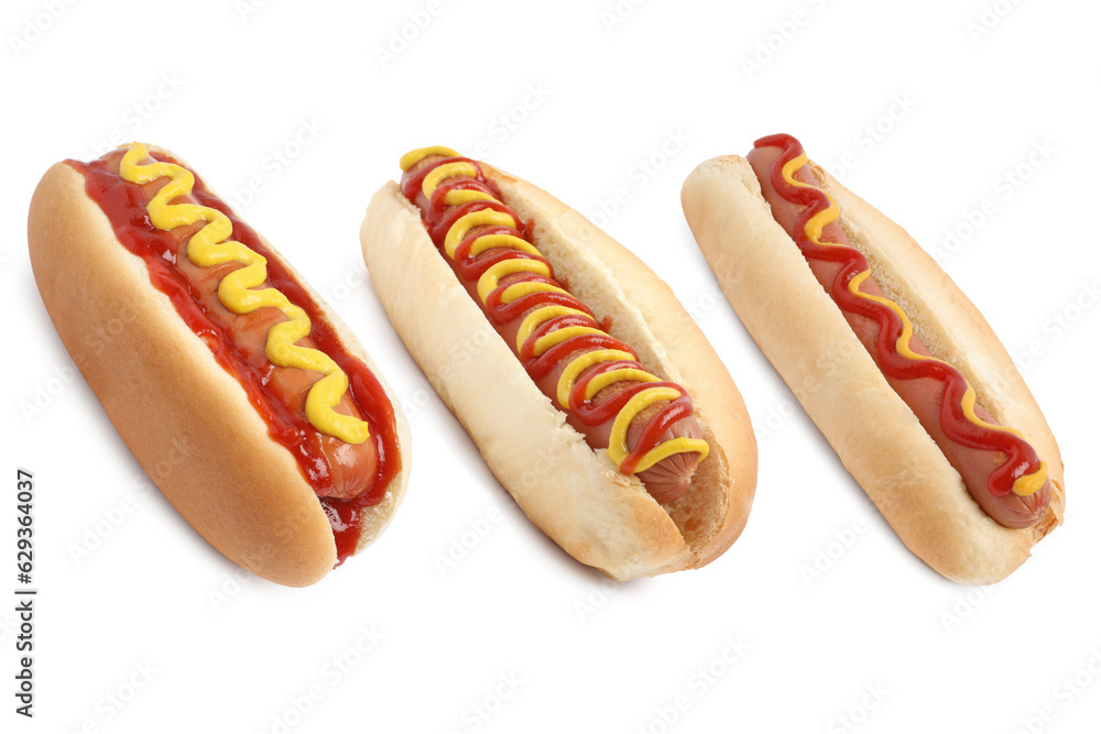 Set of different yummy hot dogs isolated on white Set of different yummy hot dogs isolated on white