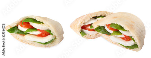 Collage with tasty pita sandwich isolated on white