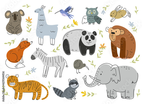 Cute African and forest animal set. Mammal and bird, predator and herbivore in hand drawn style. Outline doodle with character for wallpaper design. Cartoon flat vector isolated on white background