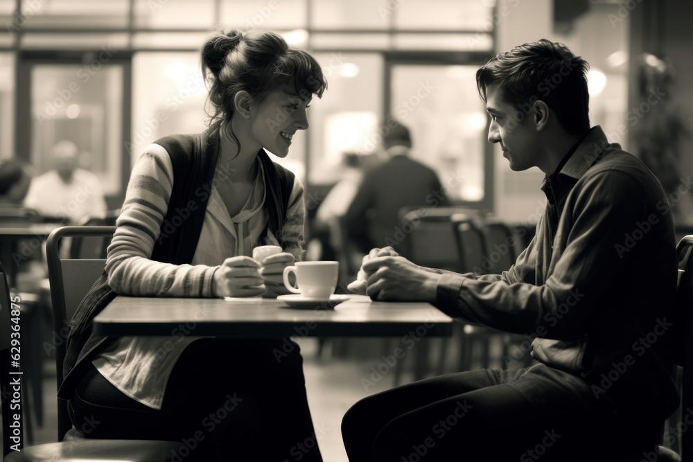 a beautiful white european american couple friends sitting in a cafe and talk to each other. man and woman drinking coffee. blurred restaurant background. black and white filter. Generative AI a beautiful white european american couple friends sitting in a cafe and talk to each other. man and woman drinking coffee. blurred restaurant background. black and white filter. Generative AI