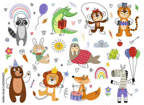 Cute smiling animal set. Doodle rocodile and monkey, tiger and bear, raccoon and fox. Outline print with characters for kids party or package design. Cartoon flat vector isolated on white background