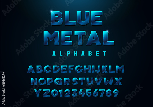 Stylish 3D blue metallic alphabet font. Premium three dimensional typeface