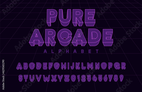 Pure Arcade retro premium alphabet in purple violet colors. Vector 3d neon font. Text elements based on retrowave, synthwave, videogame graphic styles. Typeface based on 80s, 90s and y2k