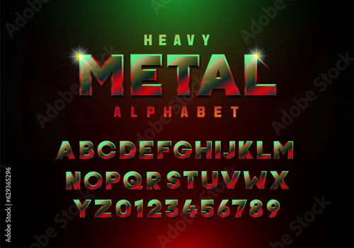 Neon Heavy metal cyber Punk 3D metallic font in reds and greens. Premium three dimensional typeface for your dystopian post apocalyptic concepts and other themes