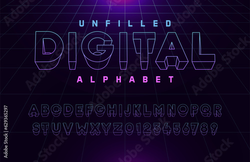 Unfilled Digital alphabet with retro neon grid. Vector design 3d text elements based on retrowave, synthwave, videogame graphic styles. Font based on 80s, 90s and y2k