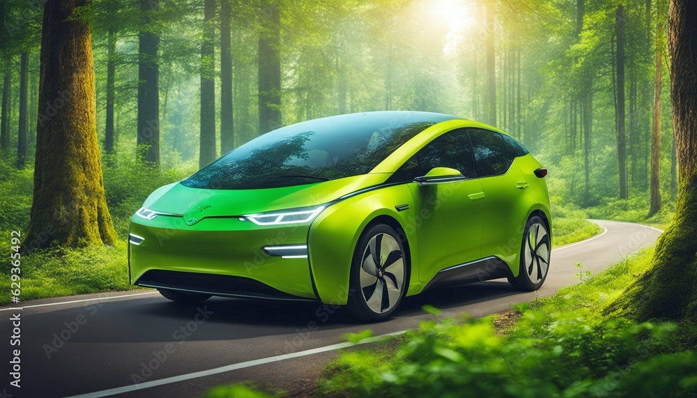Eco Car on Forest Road: Sustainable Travel with Earth-friendly Energy