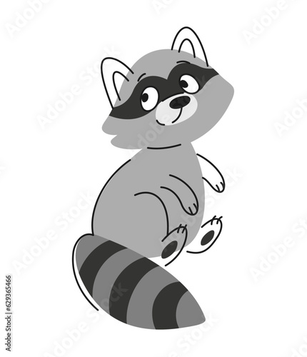 Outline cute animal. Doodle gray raccoon with fluffy tail. Print with linear forest character for kids packaging or wallpaper design. Cartoon flat vector illustration isolated on white background