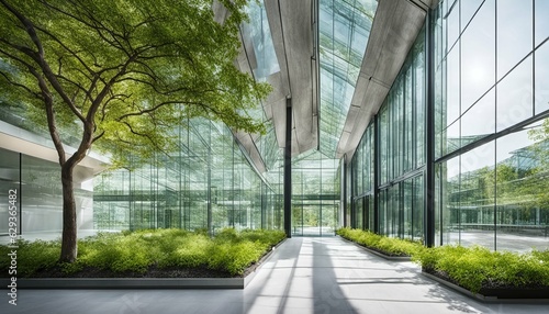 Foto Eco-Friendly Glass Office: Sustainable Building with Trees and Green Environment
