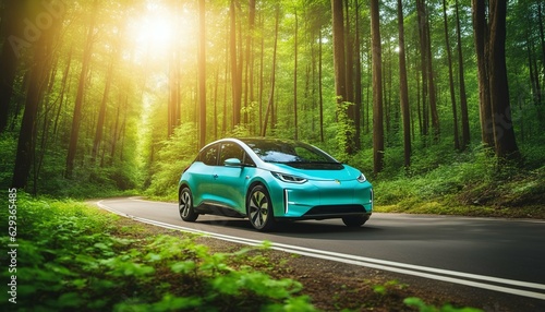 Eco Car on Forest Road  Sustainable Travel with Earth-friendly Energy