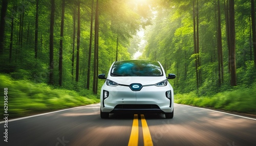 Eco Car on Forest Road: Sustainable Travel with Earth-friendly Energy © ibreakstock