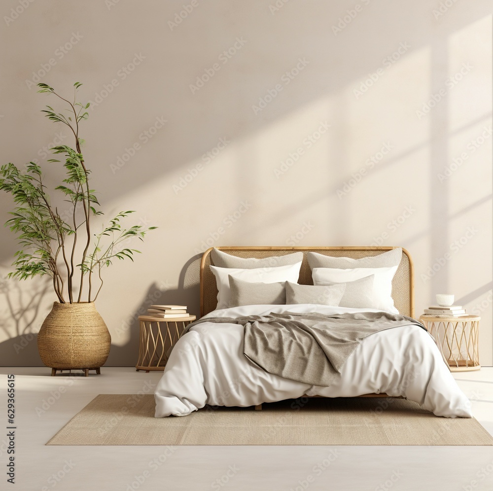 The interior of the bedroom is equipped with wooden and rattan furniture with empty walls and natural light at the windows. For design, room, scene