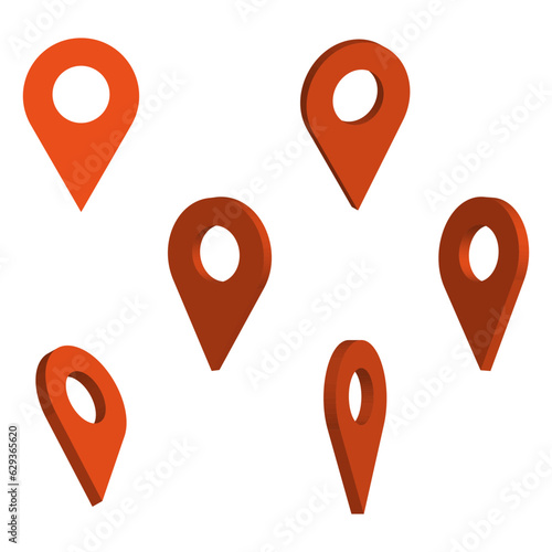 Map pointer 3d pin. Set of vertical rotation. Red location marks. Vector illustration. Eps 10.