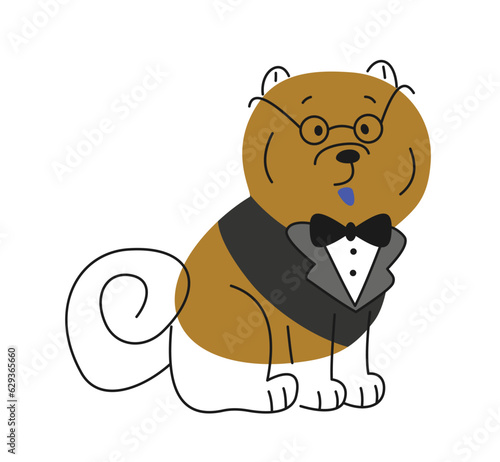 Cute dog in suit. Doodle lovely pet chow chow in glasses and tuxedo with bow tie. Outline drawing with puppy for web and applications. Cartoon flat vector illustration isolated on white background