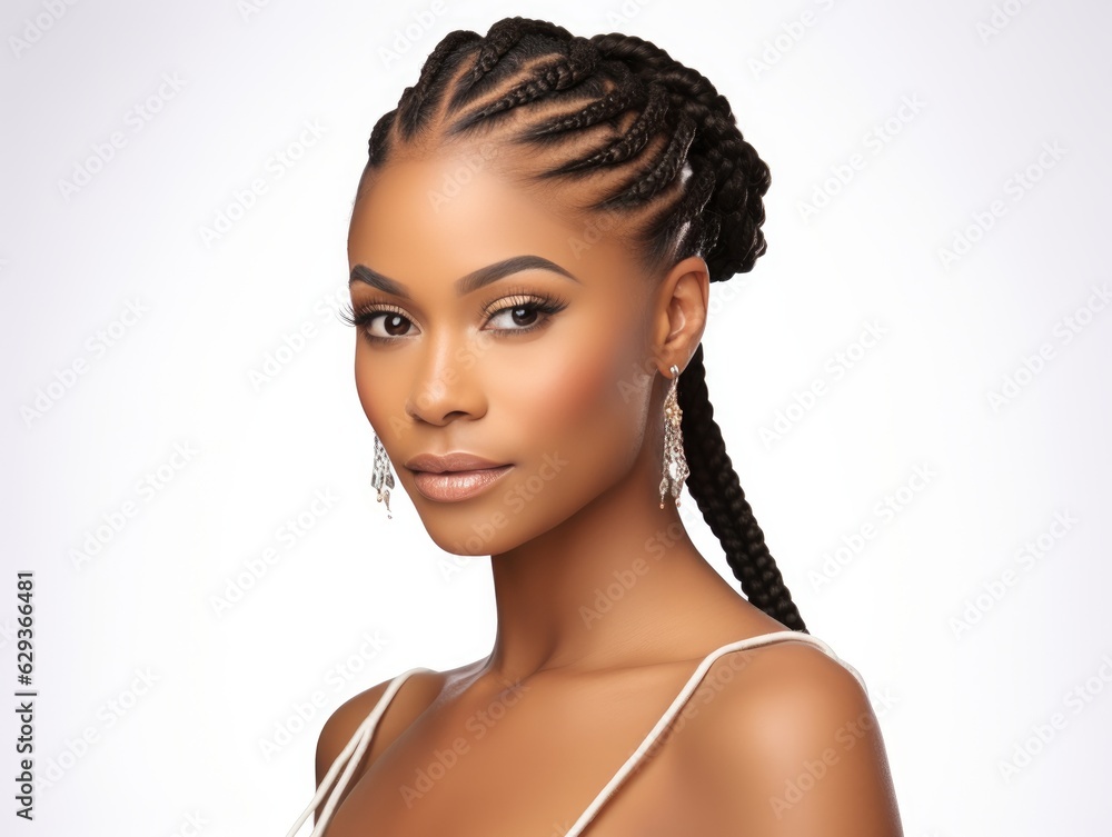 portrait of beautiful black african american woman with curly long braids and bun. perfect face structure. sharp jawline looking in front 3/4 side view. isolated on white background. Generative AI - obrazy, fototapety, plakaty 