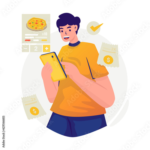 A man enters the number of ordering pizza online illustration