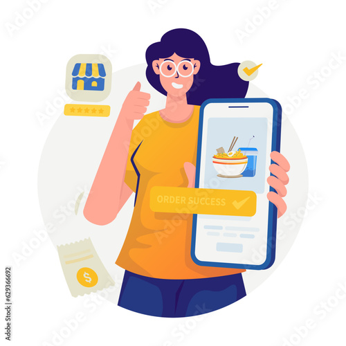A woman successfully orders food online illustration