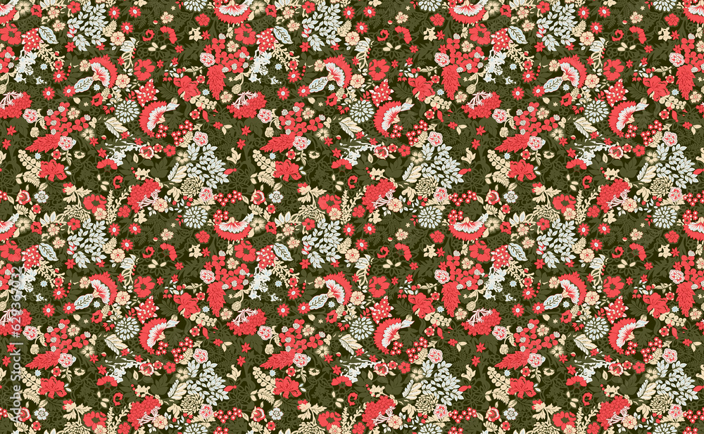 Small cherry blossom with daisy flowers seamless motif pattern illustration. Fabric motif texture repeated. Floral element with leaves. Orange color background.