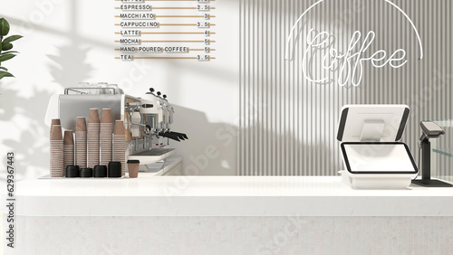 White modern design blank screen of digital cash register, barcode scanner on luxury mosaic cafe counter with espresso maker machine, coffee cup for contactless payment technology background 3D