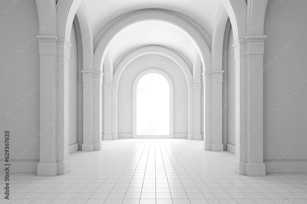 Architectural Harmony: Clean White Rendered Hallway Adorned with Arches (Generative AI)