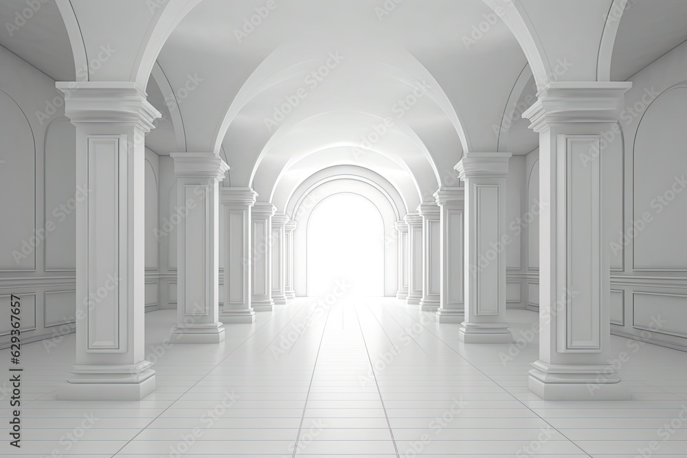 Serenity in Arches: Simple and Clean White Rendered Hallway (Generative AI)