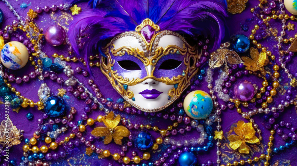 Purple and Gold Mardi Gras Banner with Mask Beads and Ornaments Celebrate the Carnival Season AI Generative