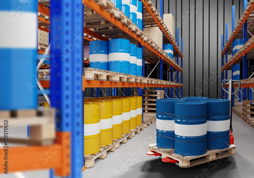 Warehouse petroleum products. Barrel racks. Pallet jack in storage building. Warehouse for fuels. Multi-tier warehouse racks. Storage for chemical liquids. Storage petroleum products. 3d image