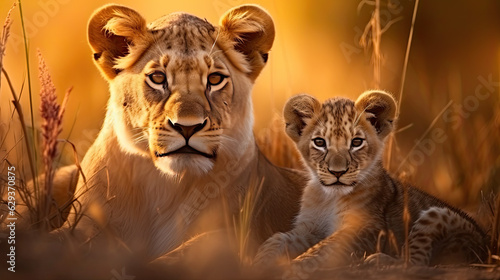 a lioness and her cub in the african savannah in the low sun. Generative AI © jr-art